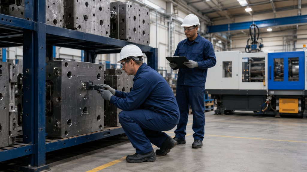 Profissionais inspecionando moldes industriais identificados por RFID em uma fábrica