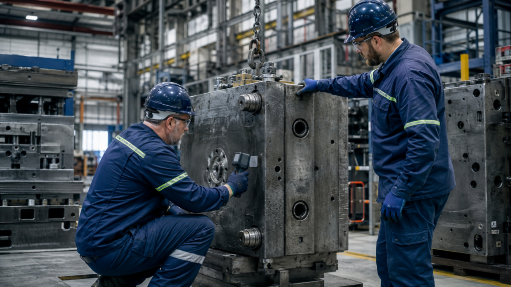 Profissionais com EPIs inspecionando um molde industrial identificado por RFID